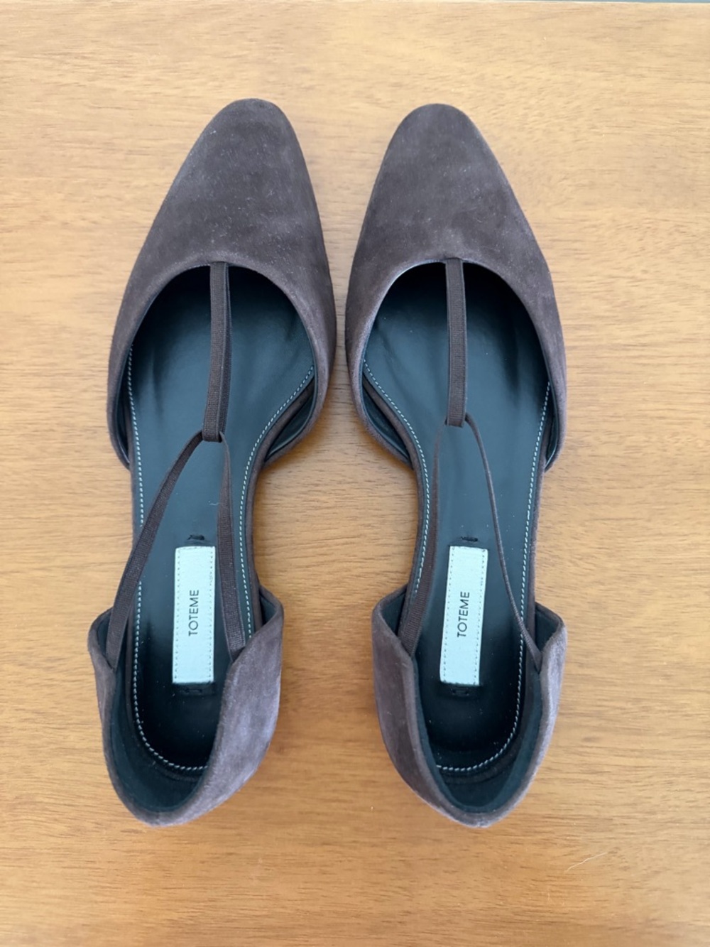 TOTEME: The T-strap suede point-toe flats on brown suede